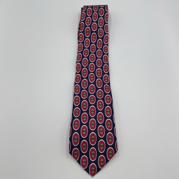 Lands End Tie Mens Blue Red Geometric Medallion 100% Silk Made USA Necktie - Picture 2 of 7